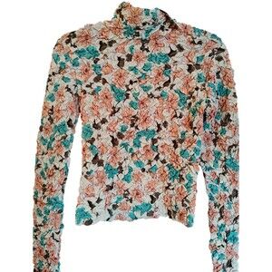 New Anthropologie Dolan Printed Floral Pebble Smocked Turtleneck Blouse Size XS